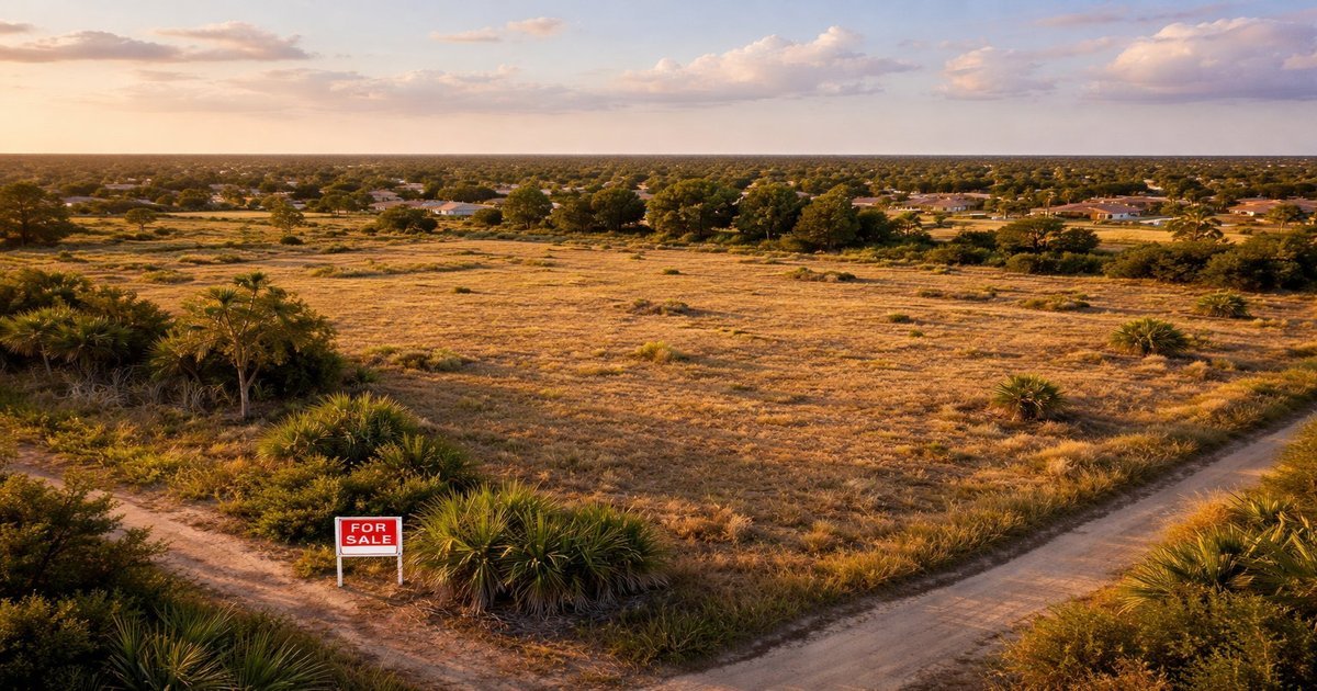 Aerial view of vacant land in Florida with a For Sale sign at golden hour — Land Buyers Alliance